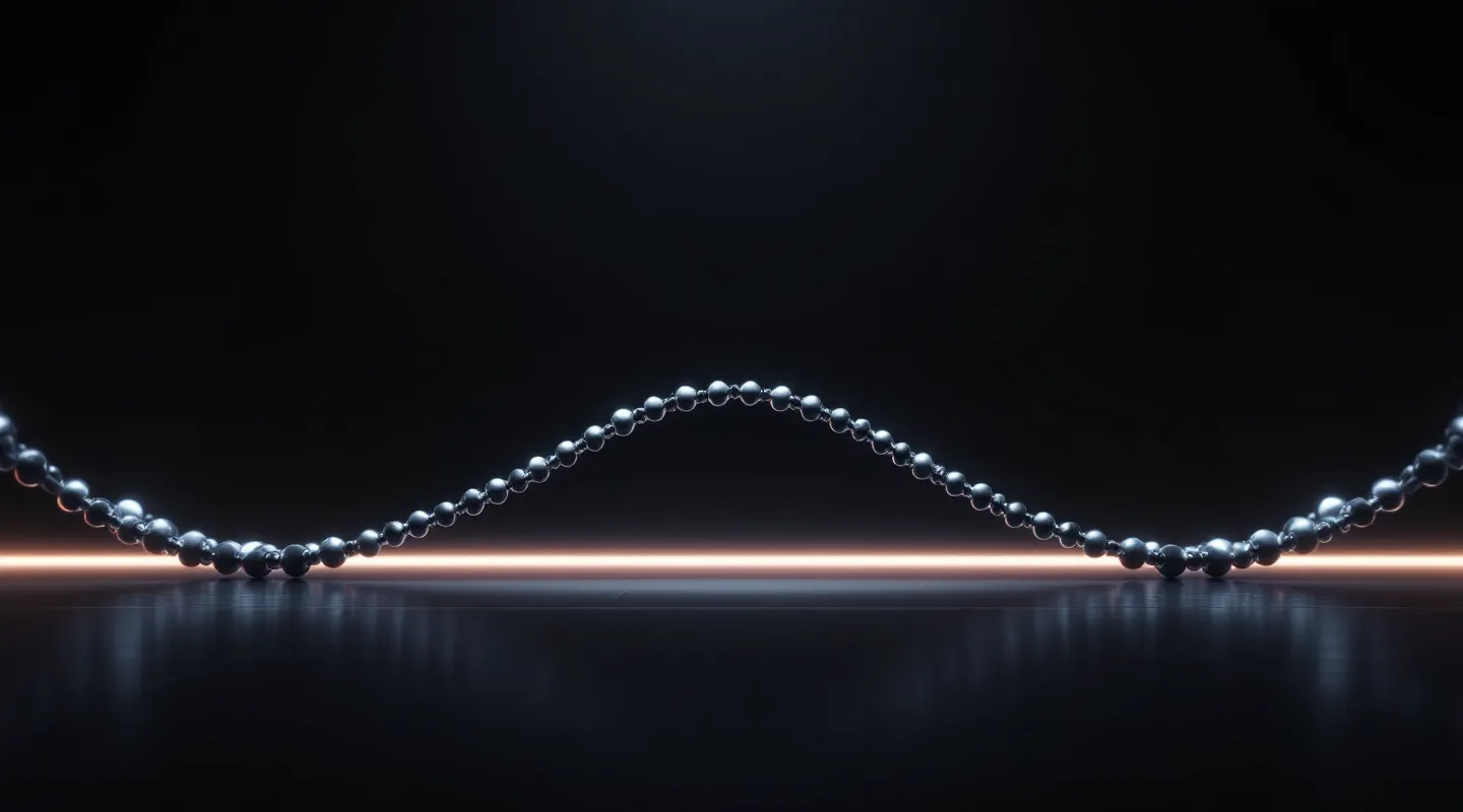 Cinematic studio render of an abstract sixteen-node peptide chain in mercury silver with an amber rim-light on a near-black floor